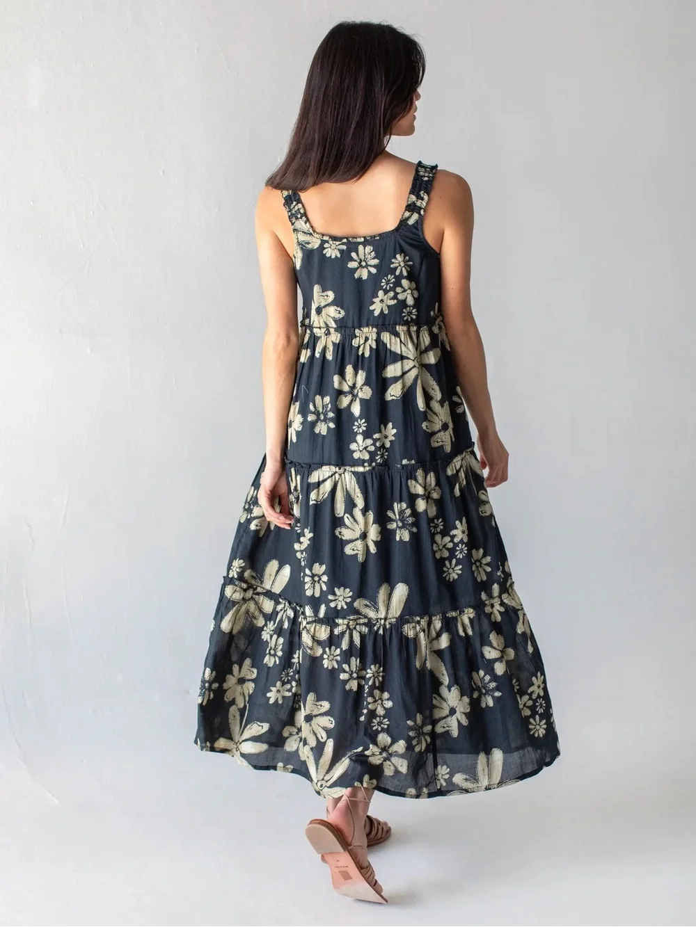 Natural life Adele Cotton black cream boho floral Maxi Dress M